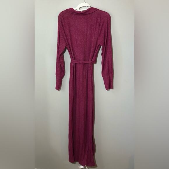 Anthropologie S pink ribbed belted wrap v neck stretchy long sleeve maxi dress - Picture 6 of 15